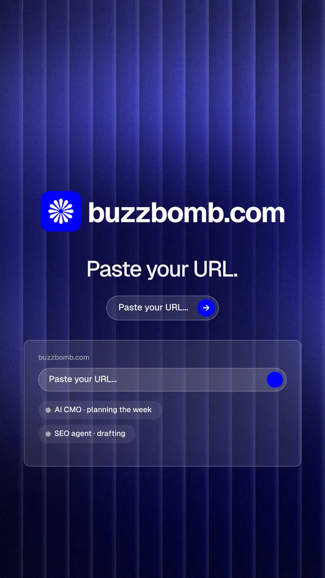Instagram story for BuzzBomb: "Paste your URL." Agentic glass style, logo hero layout, dark palette in blue.