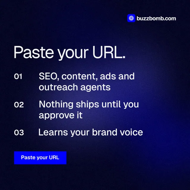 Instagram post for BuzzBomb: "Paste your URL." Swiss style, numbered layout, dark palette in black, blue.