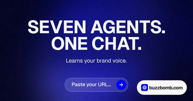 Social ad for BuzzBomb: "Seven agents. One chat." Agentic glass style, centred layout, dark palette in black, blue.