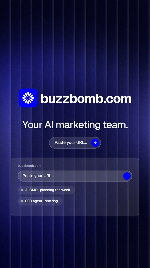 Instagram story for BuzzBomb: "Your AI marketing team." Agentic glass style, logo hero layout, dark palette in black, blue.