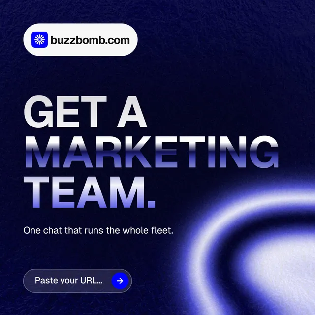 Instagram post for BuzzBomb: "Get a marketing team." Agentic glass style, announce layout, dark palette in black, blue.