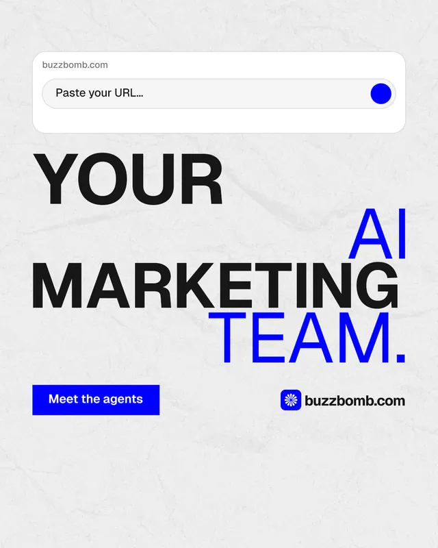 Instagram portrait post for BuzzBomb: "Your AI marketing team." Swiss style, stacked layout, light palette in white, blue.