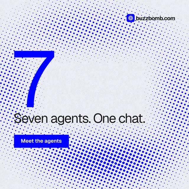 Instagram post for BuzzBomb: "Nothing ships unapproved." Swiss style, stat layout, light palette in white, blue.