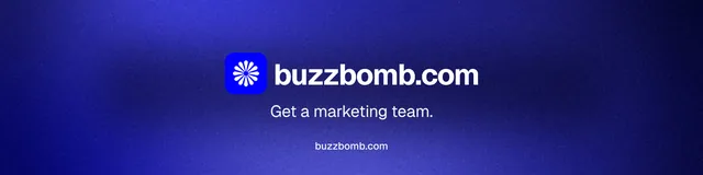 LinkedIn banner for BuzzBomb: "Get a marketing team." Agentic glass style, end card layout, dark palette in blue.
