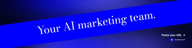 LinkedIn banner for BuzzBomb: "Your AI marketing team." Minimal luxury style, diagonal layout, dark palette in blue.
