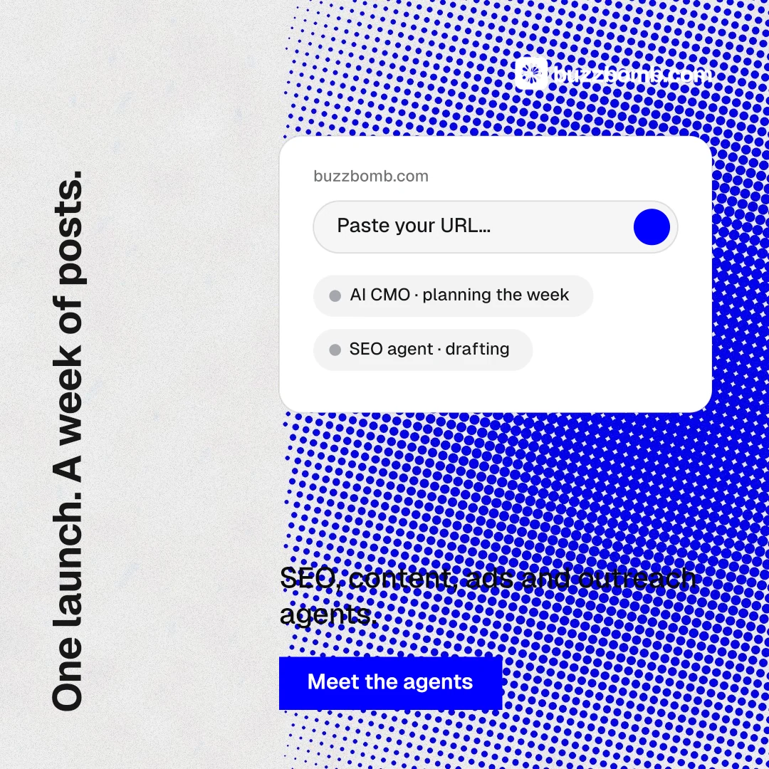Instagram post for BuzzBomb: "One launch. A week of posts." Swiss style, vertical layout, light palette in white, blue.