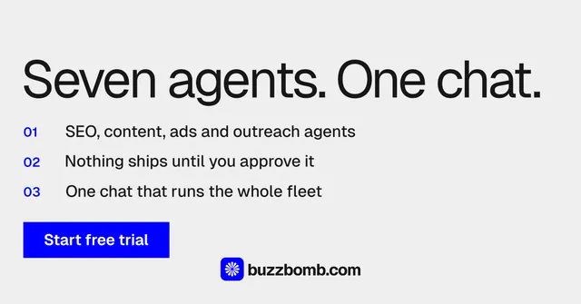 Social ad for BuzzBomb: "Seven agents. One chat." Swiss style, numbered layout, light palette in white, blue.