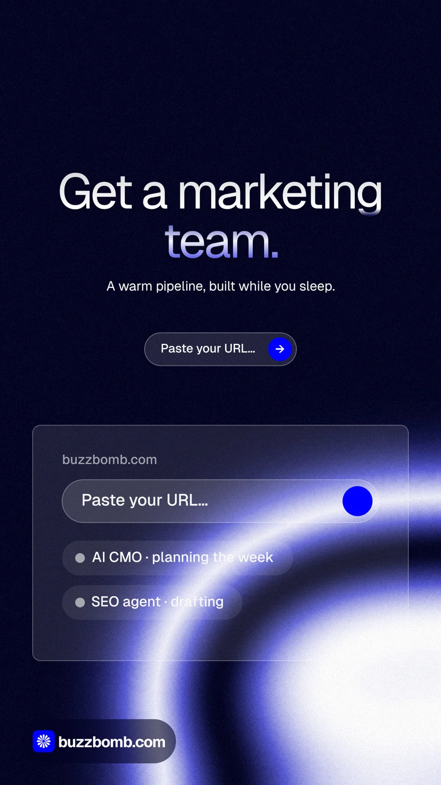 Instagram story for BuzzBomb: "Get a marketing team." Agentic glass style, centred layout, dark palette in black, blue.