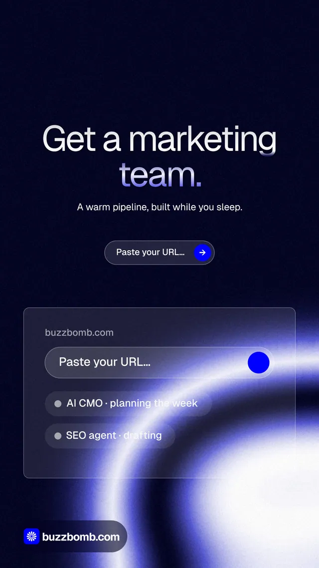 Instagram story for BuzzBomb: "Get a marketing team." Agentic glass style, centred layout, dark palette in black, blue.