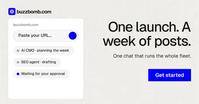 Social ad for BuzzBomb: "One launch. A week of posts." Swiss style, right layout, light palette in white, blue.
