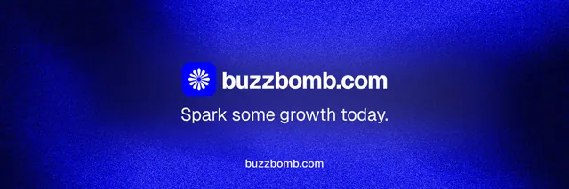X header for BuzzBomb: "Spark some growth today." Agentic glass style, end card layout, dark palette in blue.