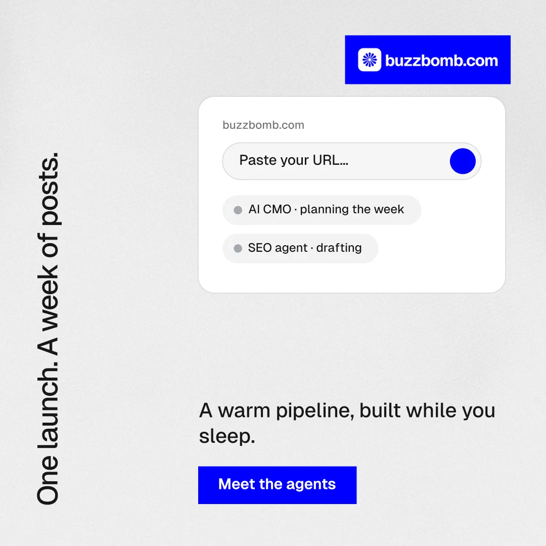 Instagram post for BuzzBomb: "One launch. A week of posts." Swiss style, vertical layout, light palette in white, blue.