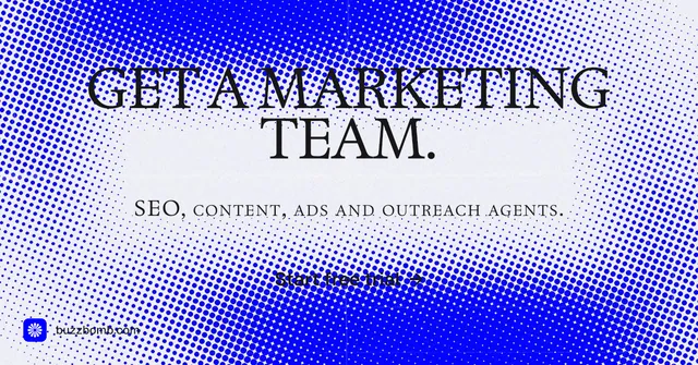 Social ad for BuzzBomb: "Get a marketing team." Brutalist style, smallcaps layout, light palette in blue, white.