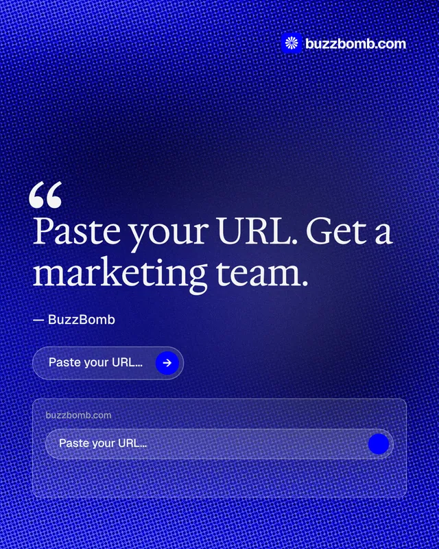 Instagram portrait post for BuzzBomb: "One launch. A week of posts." Agentic glass style, quote layout, dark palette in blue.