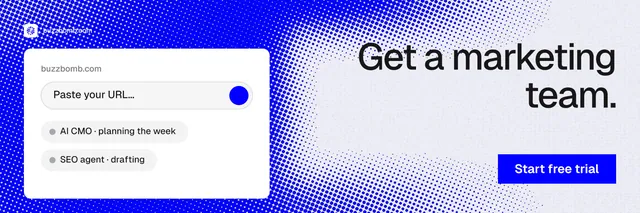 X header for BuzzBomb: "Get a marketing team." Swiss style, right layout, light palette in blue, white.