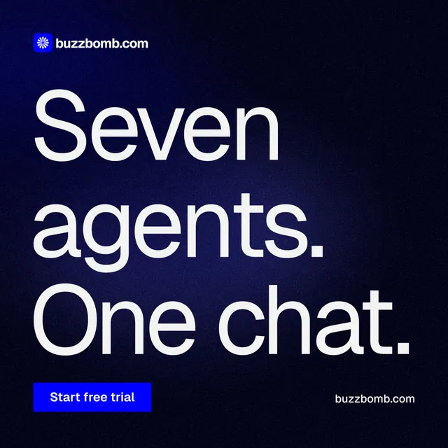 Instagram post for BuzzBomb: "Seven agents. One chat." Swiss style, poster layout, dark palette in black, blue, grey.