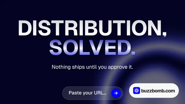 Landscape graphic for BuzzBomb: "Distribution, solved." Agentic glass style, centred layout, dark palette in black, blue, grey.