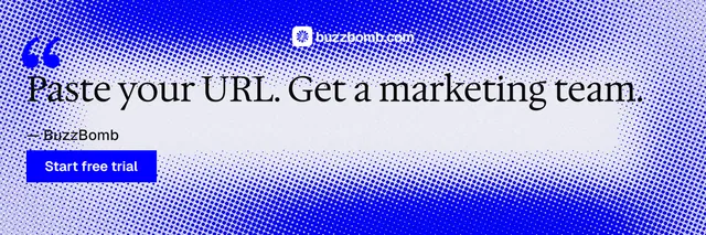 X header for BuzzBomb: "One launch. A week of posts." Split block style, quote layout, light palette in blue, white.