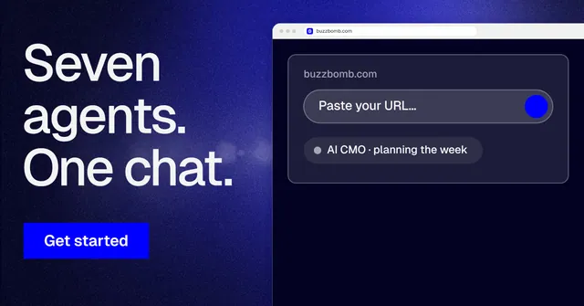 Social ad for BuzzBomb: "Seven agents. One chat." Swiss style, browser layout, dark palette in black, blue, grey.