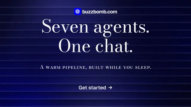 Landscape graphic for BuzzBomb: "Seven agents. One chat." Minimal luxury style, smallcaps layout, dark palette in black, blue.