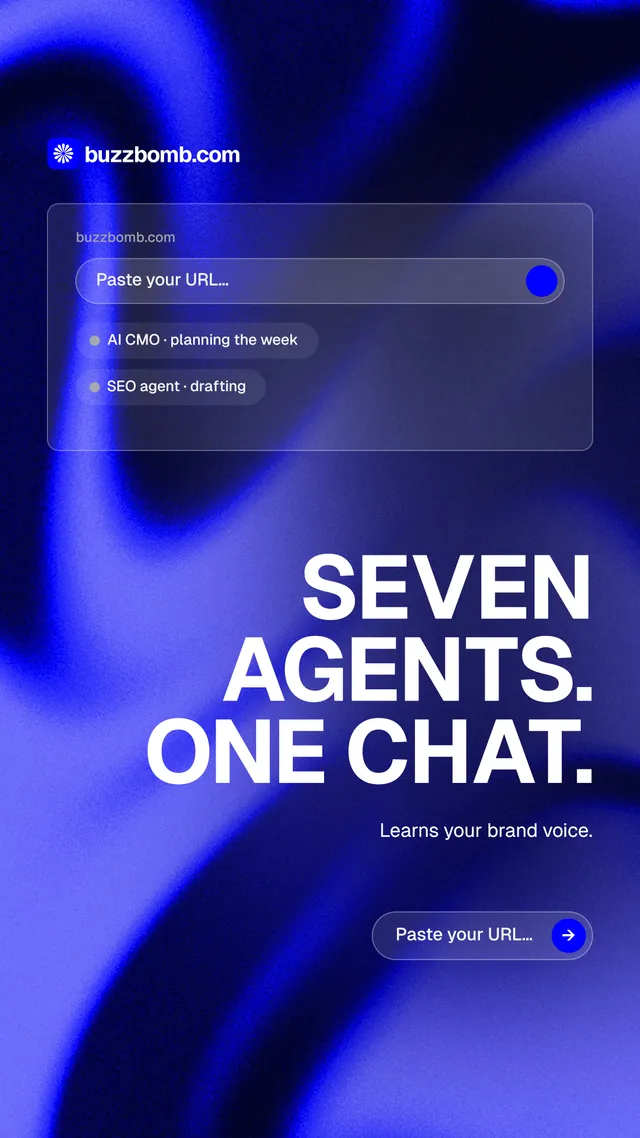 Instagram story for BuzzBomb: "Seven agents. One chat." Agentic glass style, right layout, dark palette in blue.