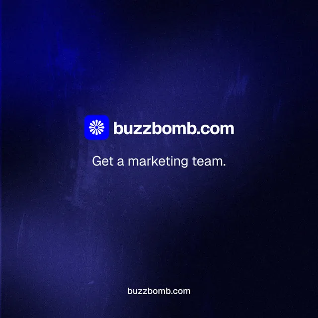 Instagram post for BuzzBomb: "Get a marketing team." Swiss style, end card layout, dark palette in black, blue.