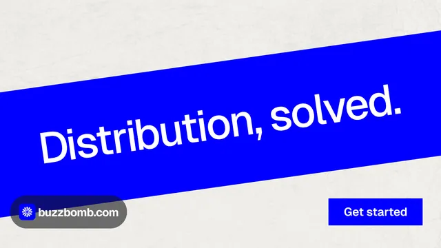 Landscape graphic for BuzzBomb: "Distribution, solved." Swiss style, diagonal layout, light palette in white, blue.