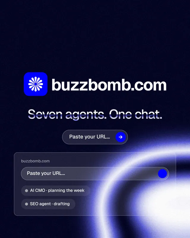 Instagram portrait post for BuzzBomb: "Seven agents. One chat." Agentic glass style, logo hero layout, dark palette in black, blue.