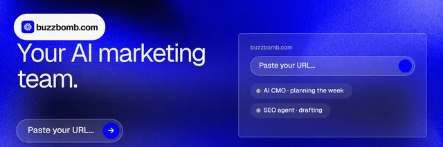 X header for BuzzBomb: "Your AI marketing team." Agentic glass style, bottom layout, dark palette in blue.