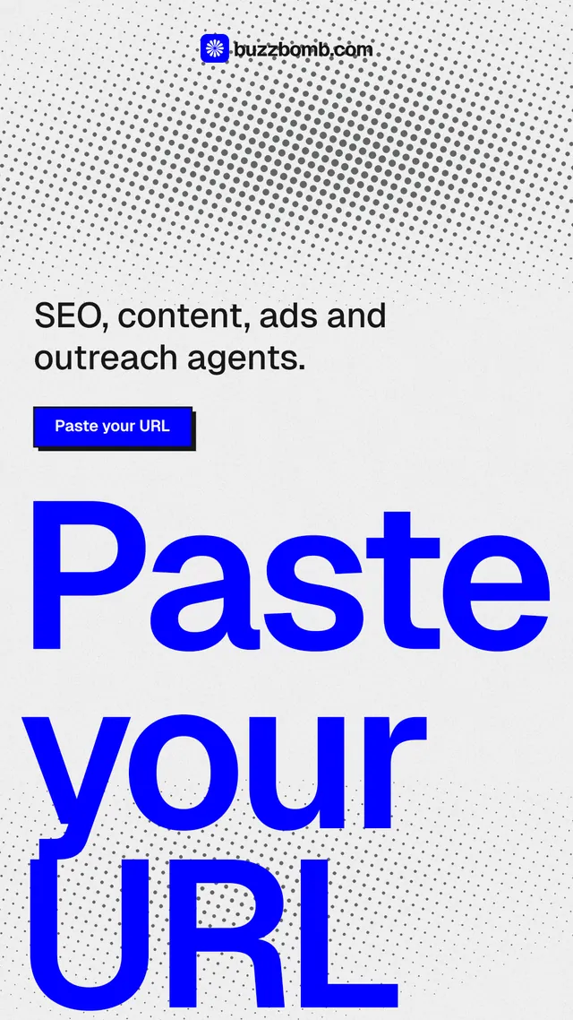 Instagram story for BuzzBomb: "Your AI marketing team." Brutalist style, oversized layout, light palette in white, blue.