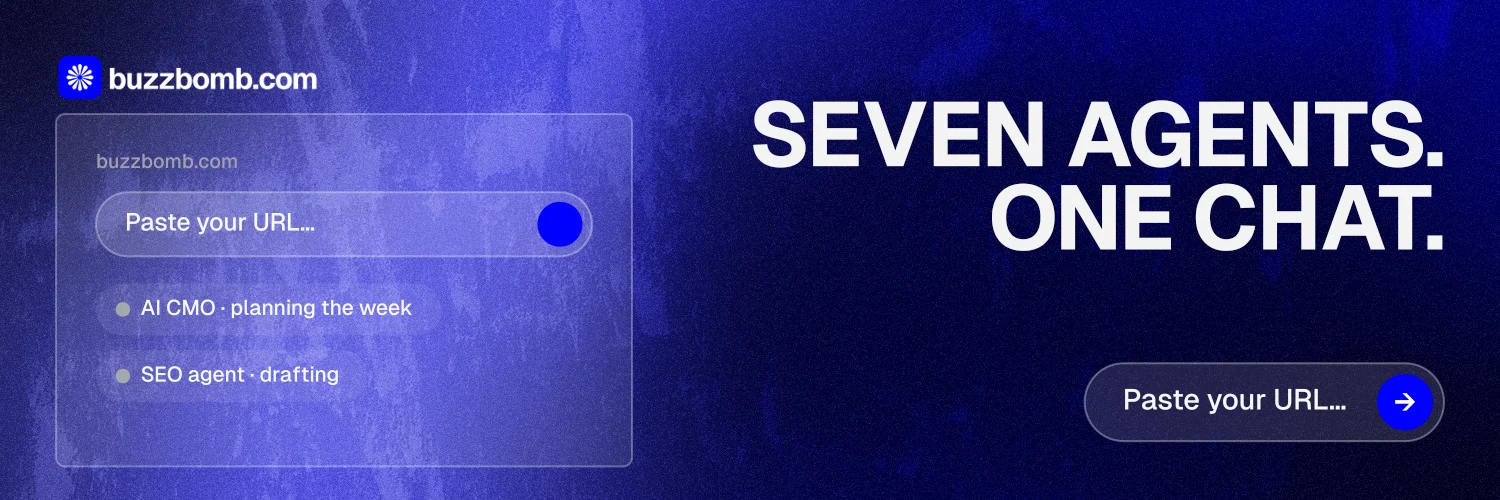 X header for BuzzBomb: "Seven agents. One chat." Agentic glass style, right layout, dark palette in blue.