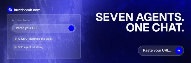 X header for BuzzBomb: "Seven agents. One chat." Agentic glass style, right layout, dark palette in blue.