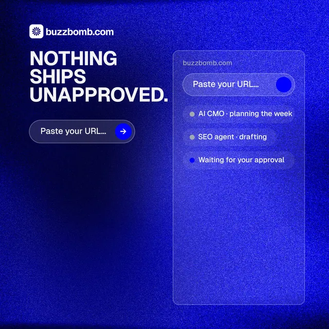 Instagram post for BuzzBomb: "Nothing ships unapproved." Agentic glass style, skeleton layout, dark palette in blue.