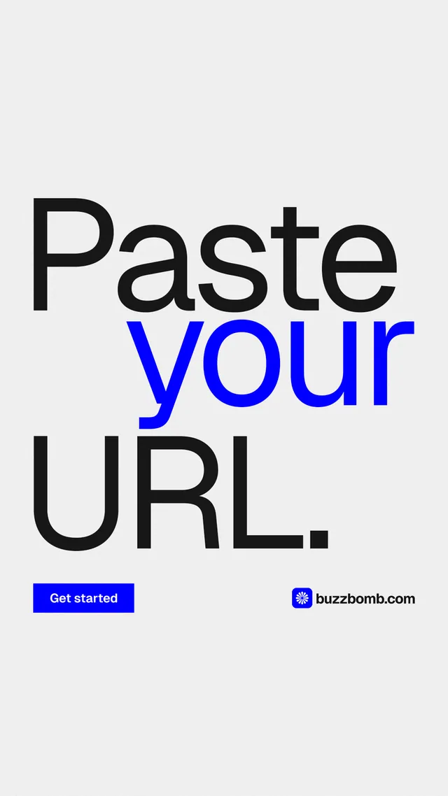 Instagram story for BuzzBomb: "Paste your URL." Swiss style, stacked layout, light palette in white, blue.