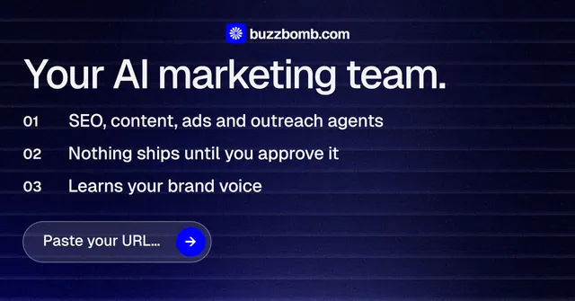 Social ad for BuzzBomb: "Your AI marketing team." Agentic glass style, numbered layout, dark palette in black, blue, grey.