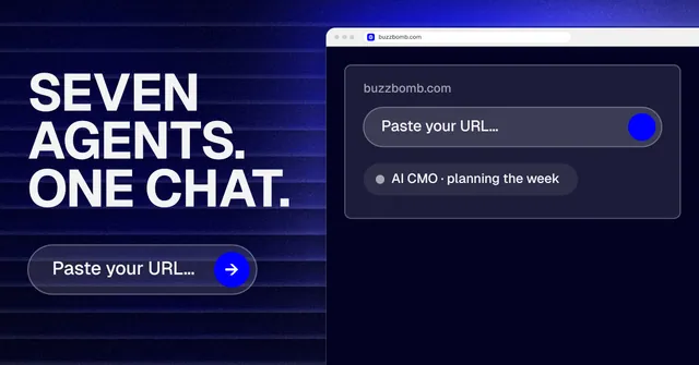 Social ad for BuzzBomb: "Seven agents. One chat." Agentic glass style, browser layout, dark palette in black, blue, grey.