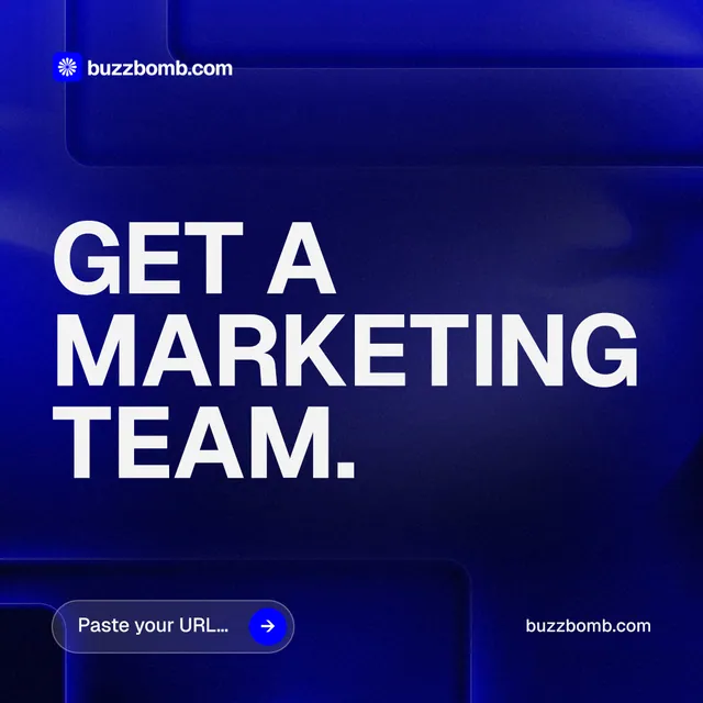 Instagram post for BuzzBomb: "Get a marketing team." Agentic glass style, poster layout, dark palette in blue.