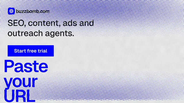 Landscape graphic for BuzzBomb: "Get a marketing team." Swiss style, oversized layout, light palette in blue, white.