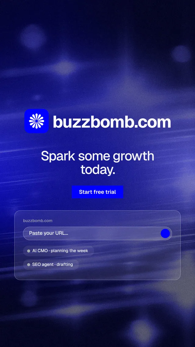 Instagram story for BuzzBomb: "Spark some growth today." Swiss style, logo hero layout, dark palette in black, blue.