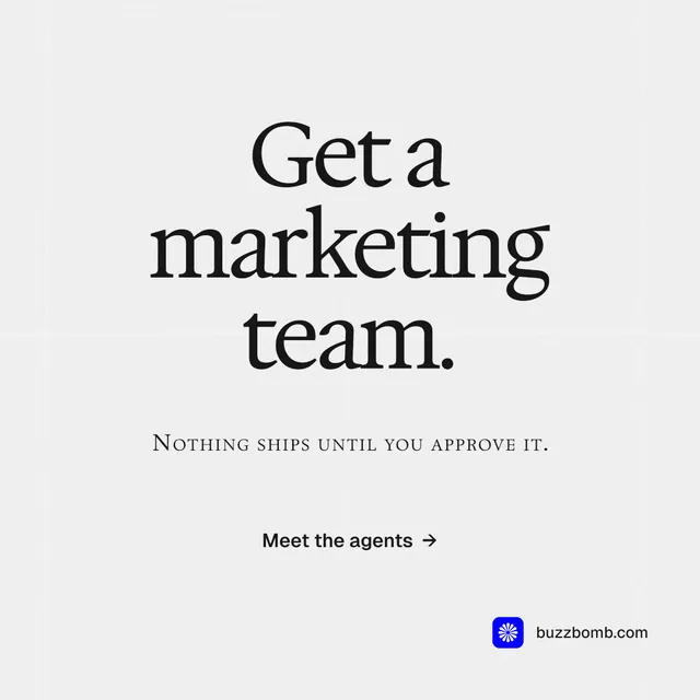 Instagram post for BuzzBomb: "Get a marketing team." Swiss style, smallcaps layout, light palette in white, grey.