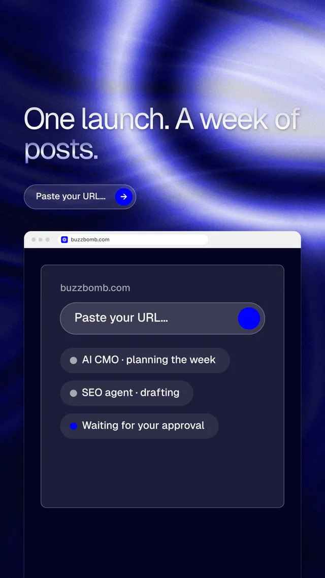 Instagram story for BuzzBomb: "One launch. A week of posts." Agentic glass style, browser layout, dark palette in blue, black.
