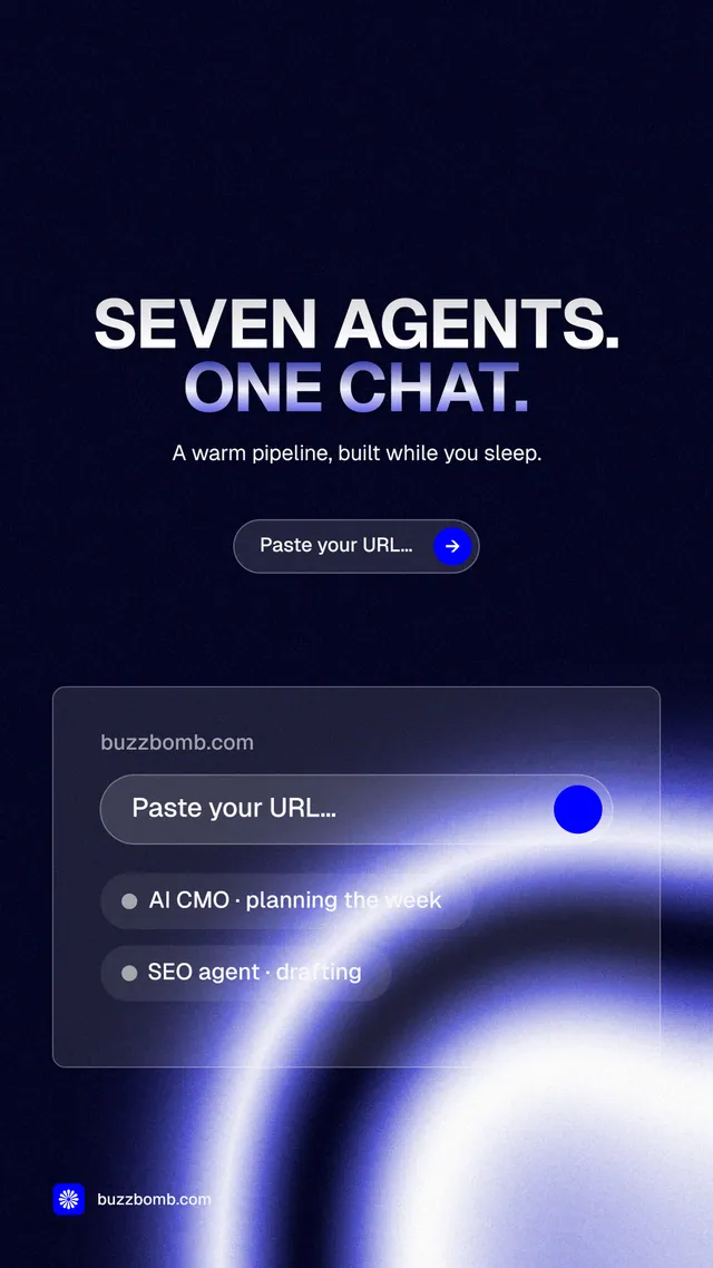 Instagram story for BuzzBomb: "Seven agents. One chat." Agentic glass style, centred layout, dark palette in black, blue.
