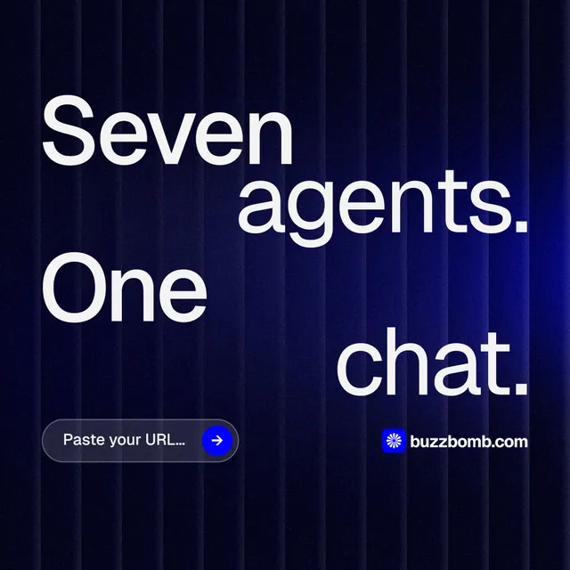 Instagram post for BuzzBomb: "Seven agents. One chat." Agentic glass style, stacked layout, dark palette in black, blue, grey.