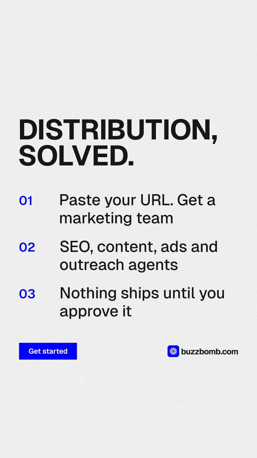 Instagram story for BuzzBomb: "Distribution, solved." Swiss style, numbered layout, light palette in white, grey.