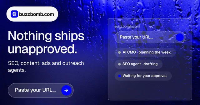Social ad for BuzzBomb: "Nothing ships unapproved." Agentic glass style, bottom layout, dark palette in blue.