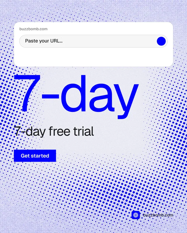 Instagram portrait post for BuzzBomb: "Paste your URL." Swiss style, stat layout, light palette in blue, white.