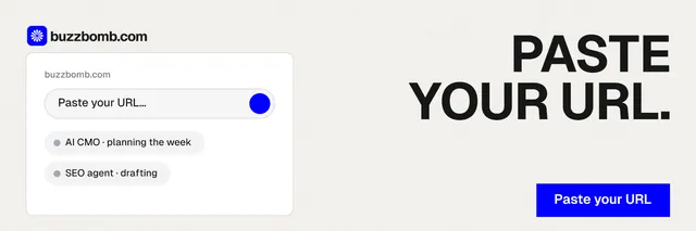 X header for BuzzBomb: "Paste your URL." Swiss style, right layout, light palette in white, grey.