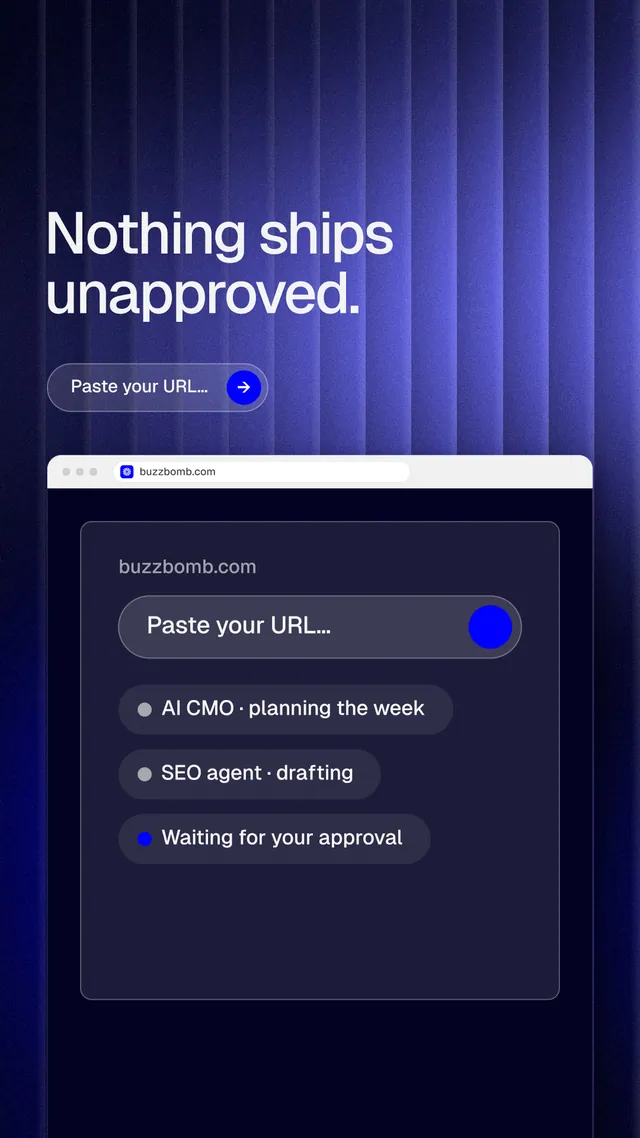 Instagram story for BuzzBomb: "Nothing ships unapproved." Agentic glass style, browser layout, dark palette in blue, black.