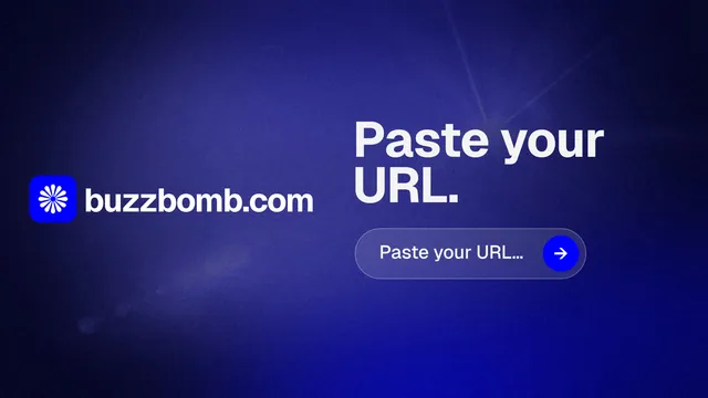 Landscape graphic for BuzzBomb: "Paste your URL." Agentic glass style, logo hero layout, dark palette in blue.