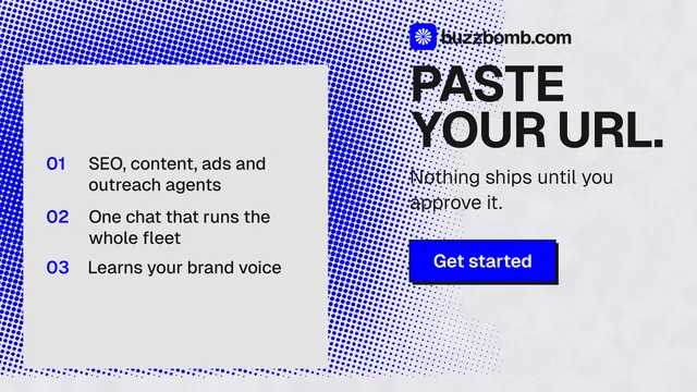 Landscape graphic for BuzzBomb: "Paste your URL." Brutalist style, skeleton layout, light palette in white, blue.